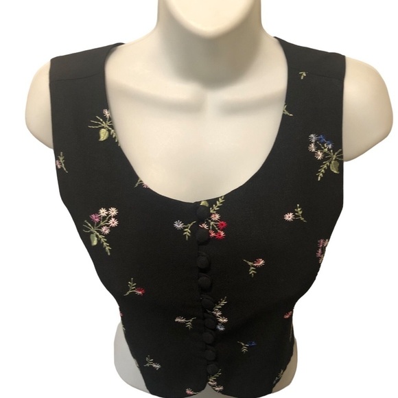 VTG 80’s Cropped Button Front Black Floral Embroidered Vest Size 3 JR Dressy - Picture 7 of 8